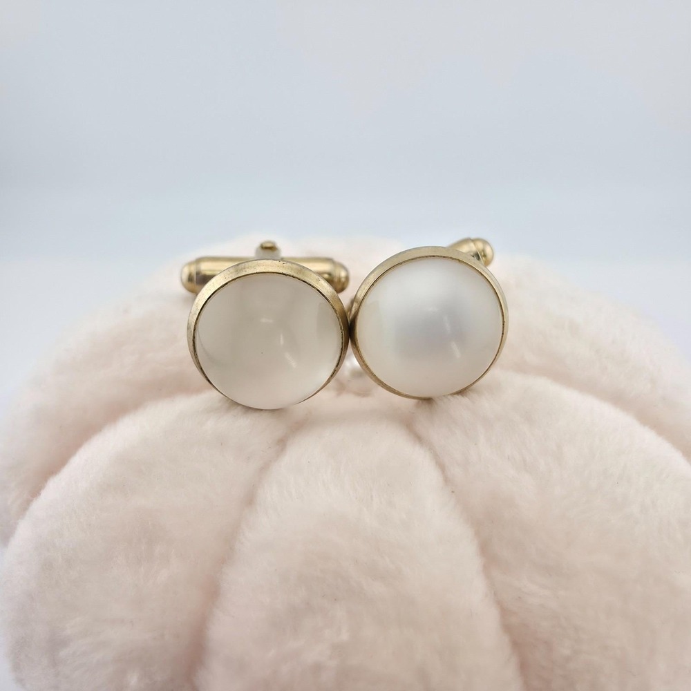 Vtg 75 Yr Old ANSON Moonglow Cufflinks Luminous Cabochon White Lucite Gold Plate